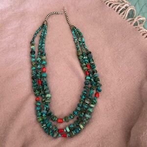 Navajo Gorgeous 3 strand turquoise and agate sterling silver necklace. 24” long